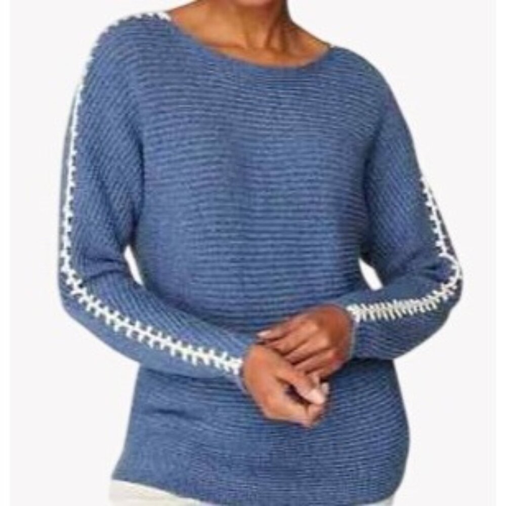 Pure Jill Blue Textured Knit Sweater With Lace Trim On Sleeves Womens XL - Picture 1 of 7